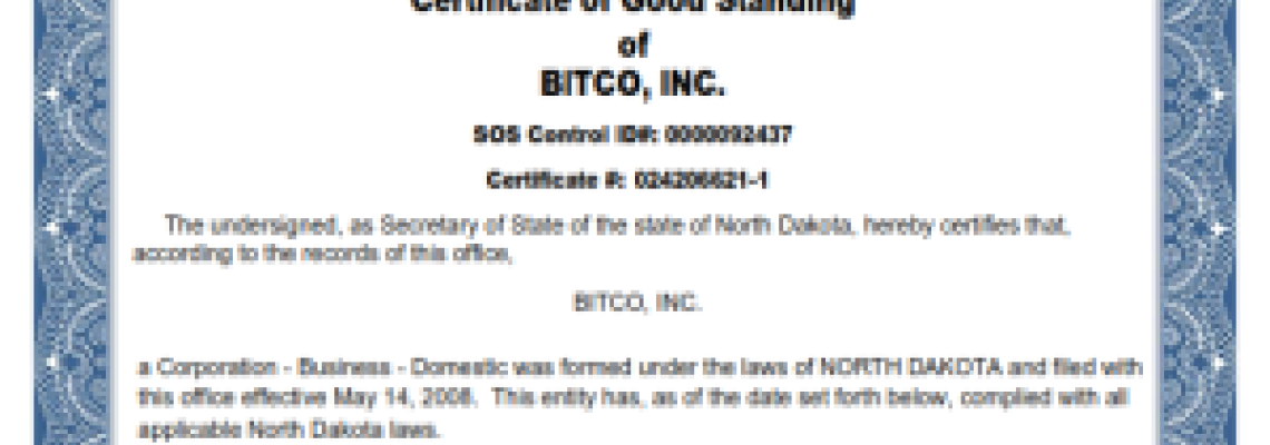 Bitco, Inc Attains Certificate of Good Standing: A Testament to Trust and Reliability
